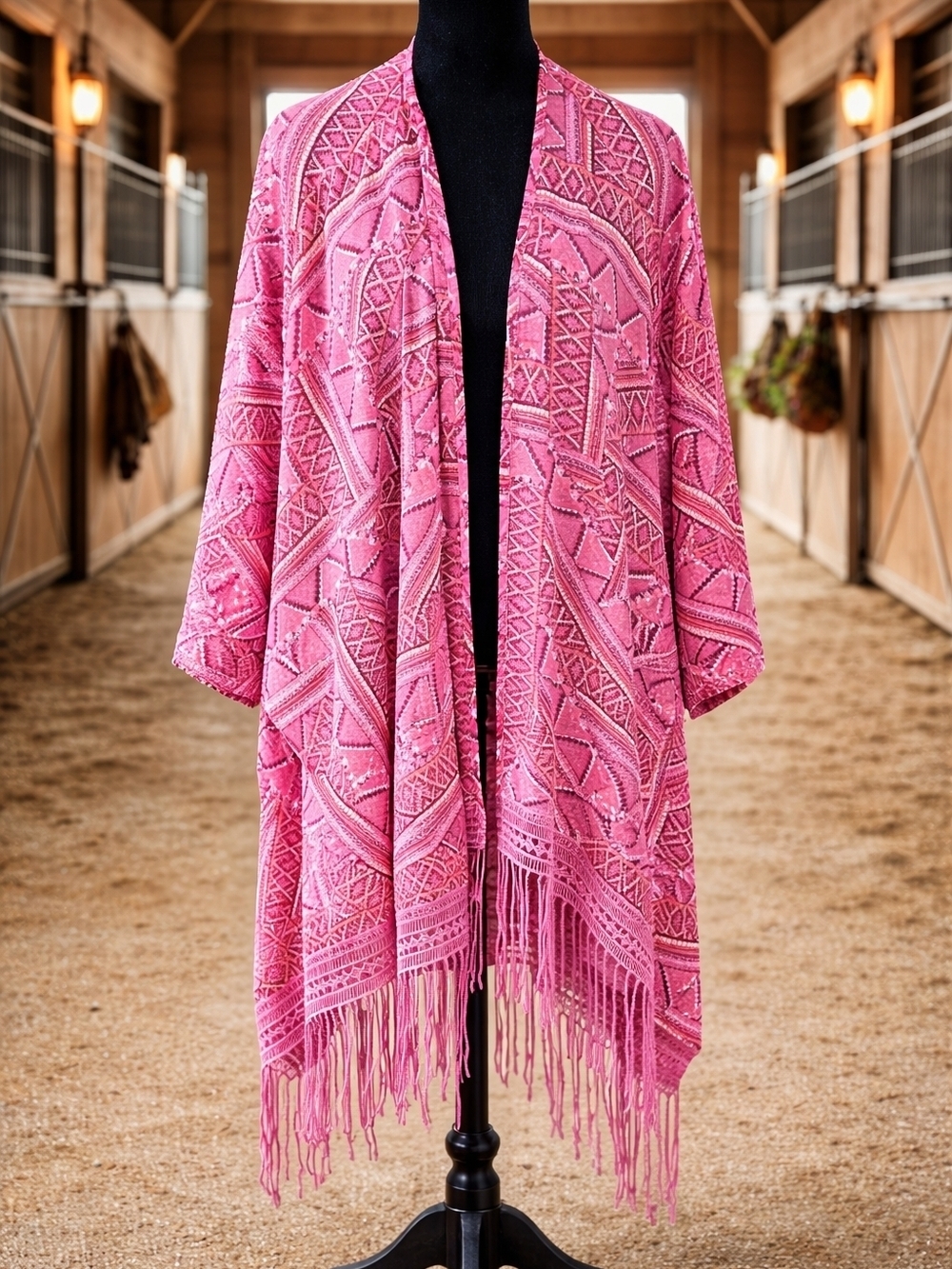 BIT & BRIDLED Boho Pink Sheer Kimono Fringe Hem One Size Fits Most Plus